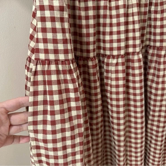 NWT En Saison Juni Gingham Bubble Sleeve Tie-Back Midi Dress Brick Womens L - Picture 6 of 10